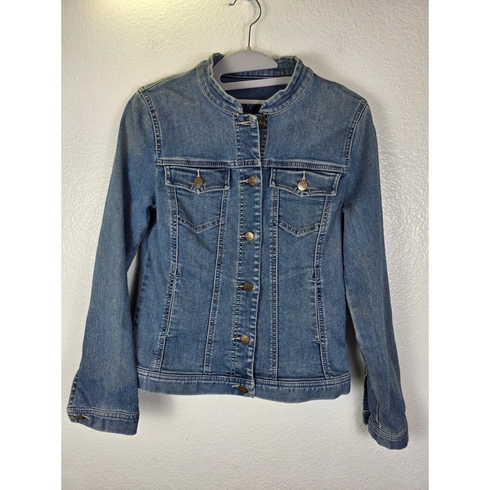 NYDJ Womens Collarless Denim Jacket Medium Wash Blue Stretch XS Mandarin Neck